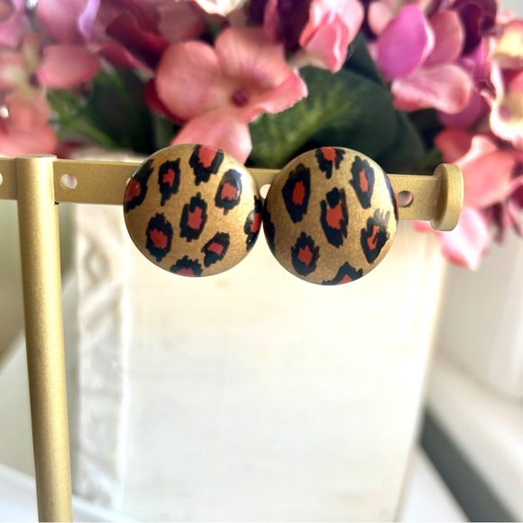 Vintage 1990s Button Stud Earrings Leopard Print Round Bronze Tan Black Design - Picture 4 of 10